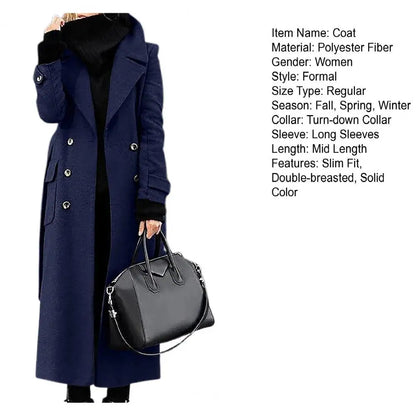 Women Woollen Overcoat Double-breasted Cardigan Mid-calf Length Long Sleeves Jacket Slim OL Formal Coat
