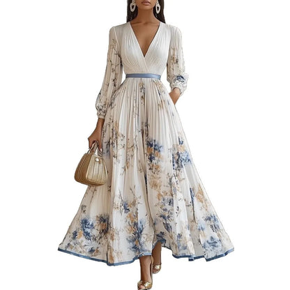 Bohemian Summer Beach Dress Sleeveless Floral Print V-Neck Flowy Maxi Dress for Women Resort Holiday Party Casual Outfit Fashion