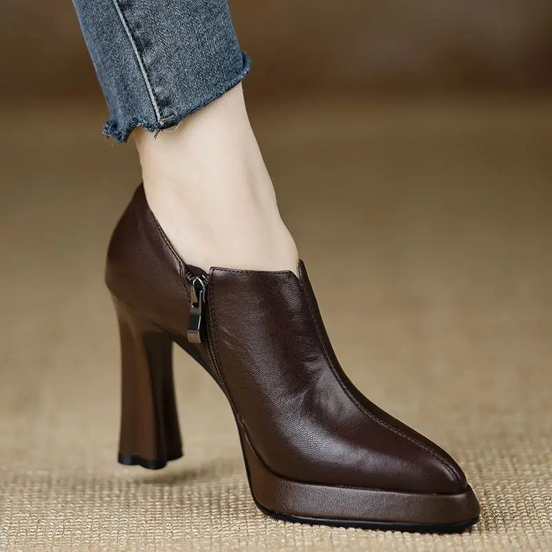 Magnificent Pointed-Toe Mary Jane Shoes – Low Thick Heel PU Leather Pumps