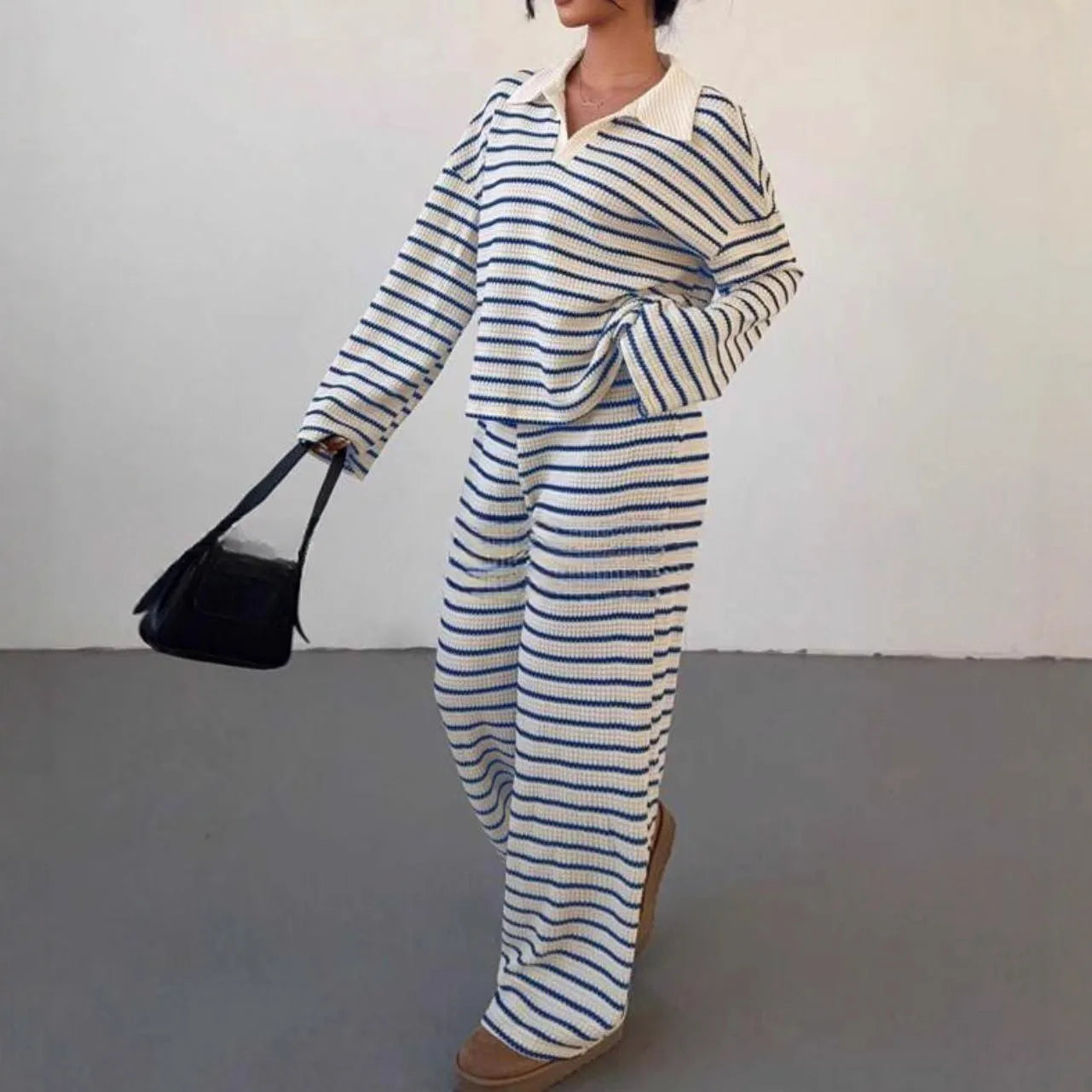 Women’s Knitted Striped Shirt & Pants Set – Casual Loose Fit