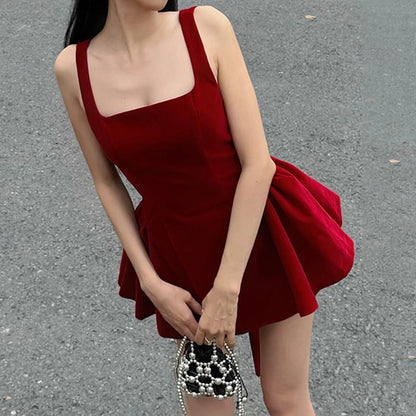 Red Sleeveless Backless Bow Dress