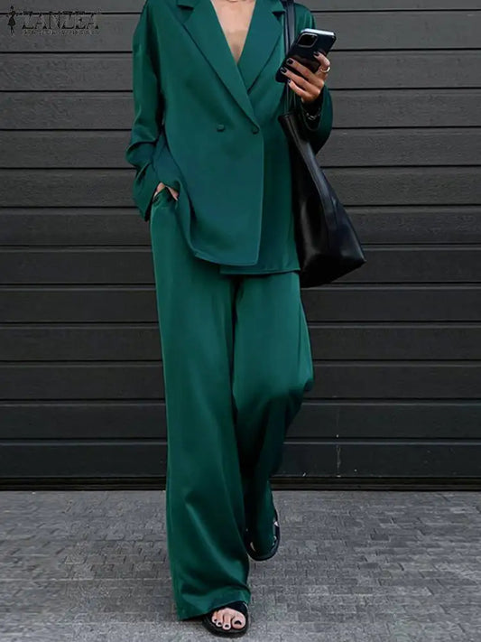Long Sleeve Shirts Wide Leg Pants Oversized Office Lady Outfits