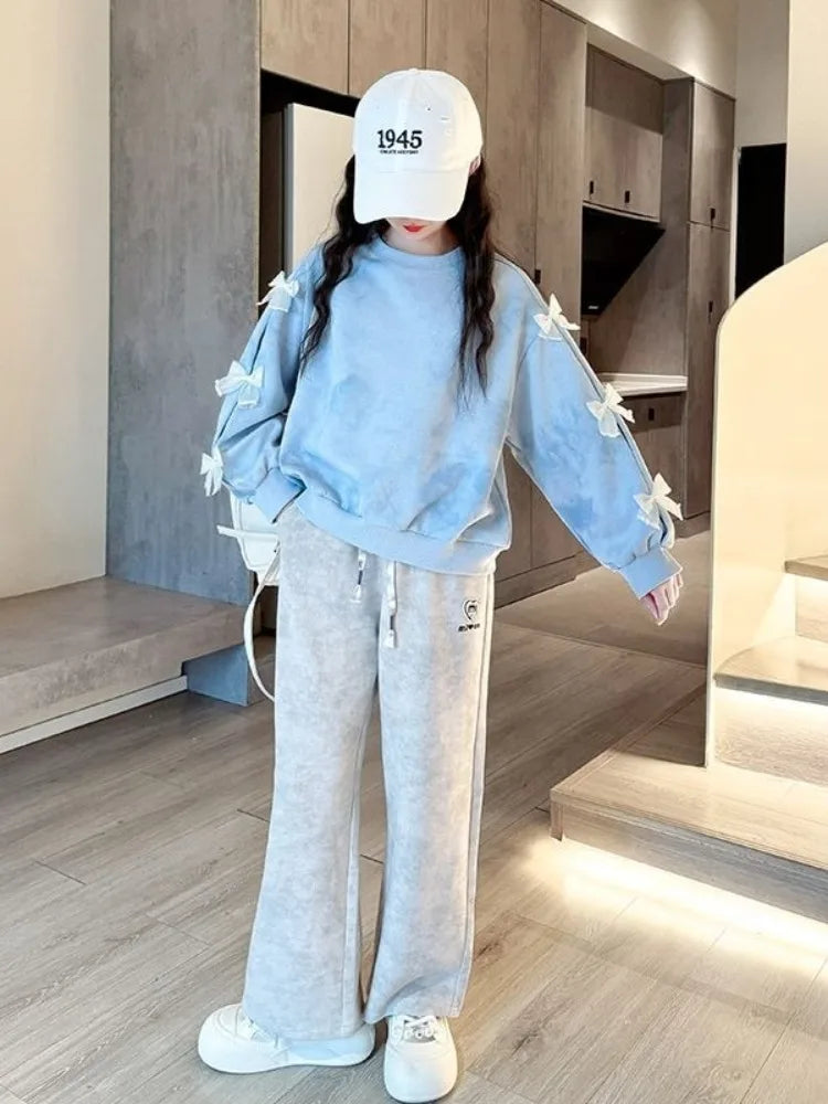 Top & Pants 2-Piece Set Bow Sweatshirt Girl Two Skirt Elementary Student Clothes Autumn Winter Outfit Children's Clothing Girls