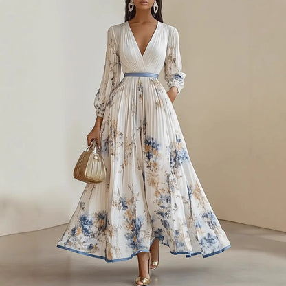 Bohemian Summer Beach Dress Sleeveless Floral Print V-Neck Flowy Maxi Dress for Women Resort Holiday Party Casual Outfit Fashion