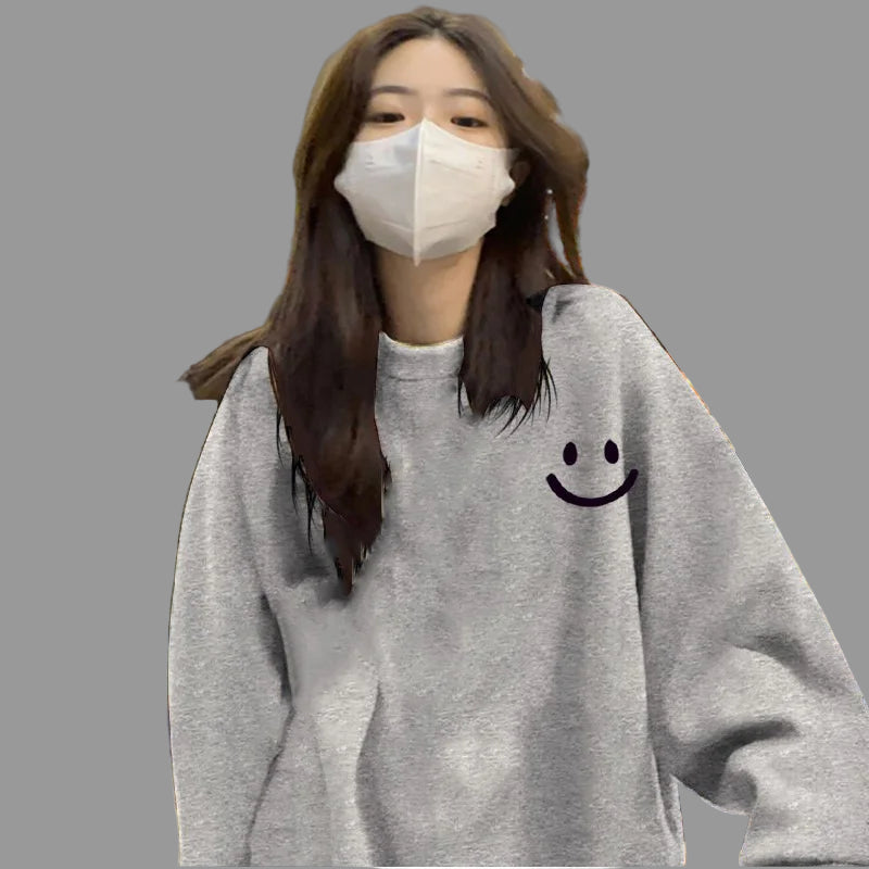 Smiley Face Print Teddy Fleece Lined Sweatshirt