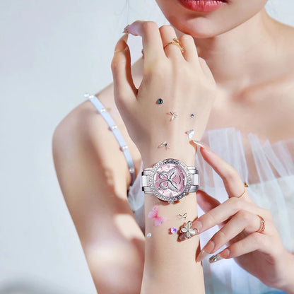 ROMITIME Women Quartz Watch Luxury Butterfly Pattern Rhinestone-Encrusted Bezel Stainless Steel Case 30M Waterproof Watches Lady