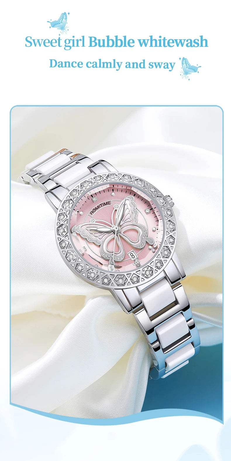 ROMITIME Women Quartz Watch Luxury Butterfly Pattern Rhinestone-Encrusted Bezel Stainless Steel Case 30M Waterproof Watches Lady