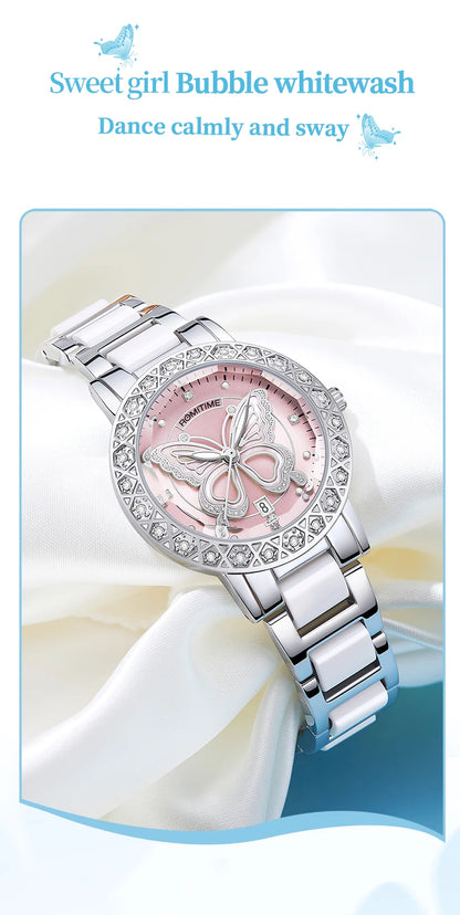 ROMITIME Women Quartz Watch Luxury Butterfly Pattern Rhinestone-Encrusted Bezel Stainless Steel Case 30M Waterproof Watches Lady