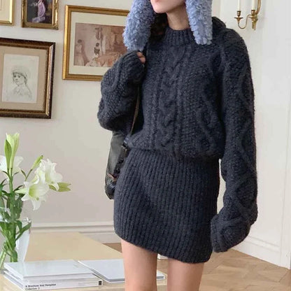 Autumn and Winter Women's Sweater Set Elegant Round Neck Pullover, Long-sleeved Top and Knee Skirt Knitted Two-piece Set.