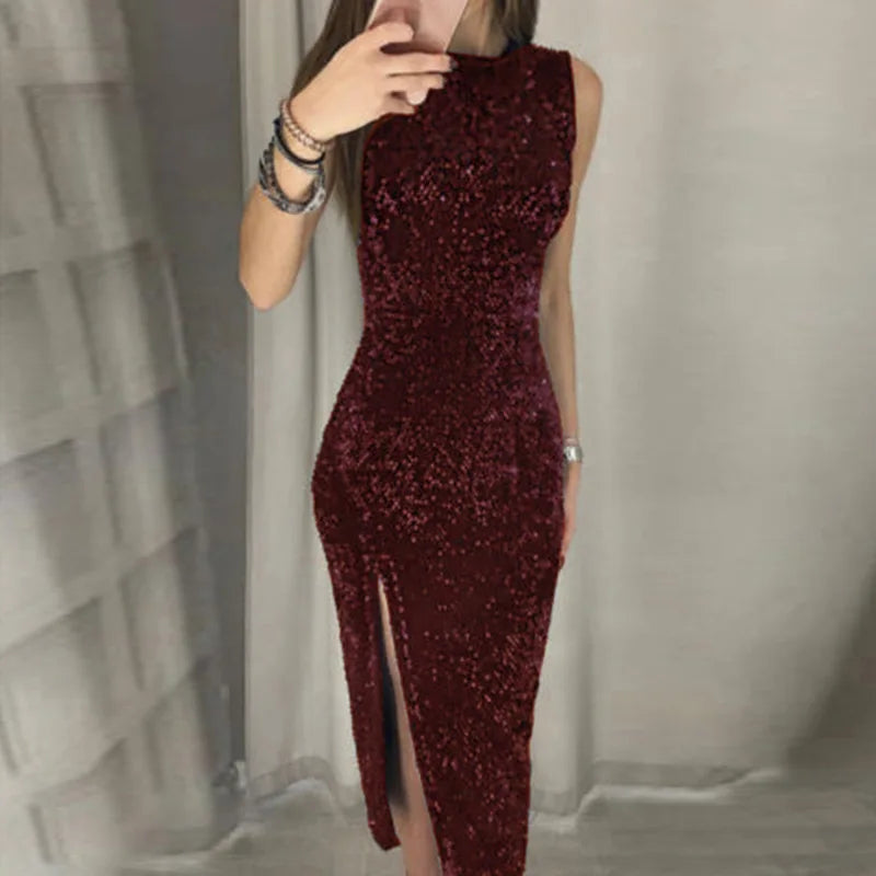 Glittering High-Waist Split Dress – Sleeveless Clubwear