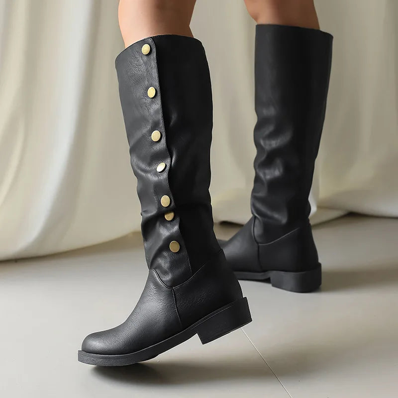 Retro Rivet Low Heel High Tube Motorcycle Boots