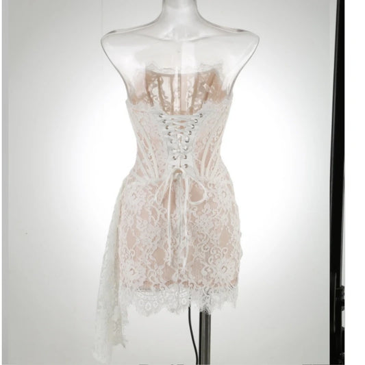 White Birthday Dress for Women – Elegant Lace Pleated Gown