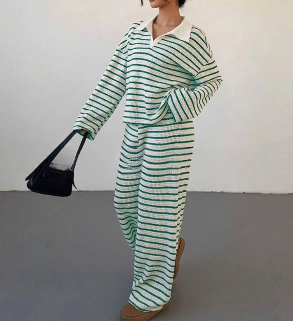 Women’s Knitted Striped Shirt & Pants Set – Casual Loose Fit
