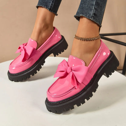 Retro British Style Leather Flats – Butterfly Bow Mid Heel