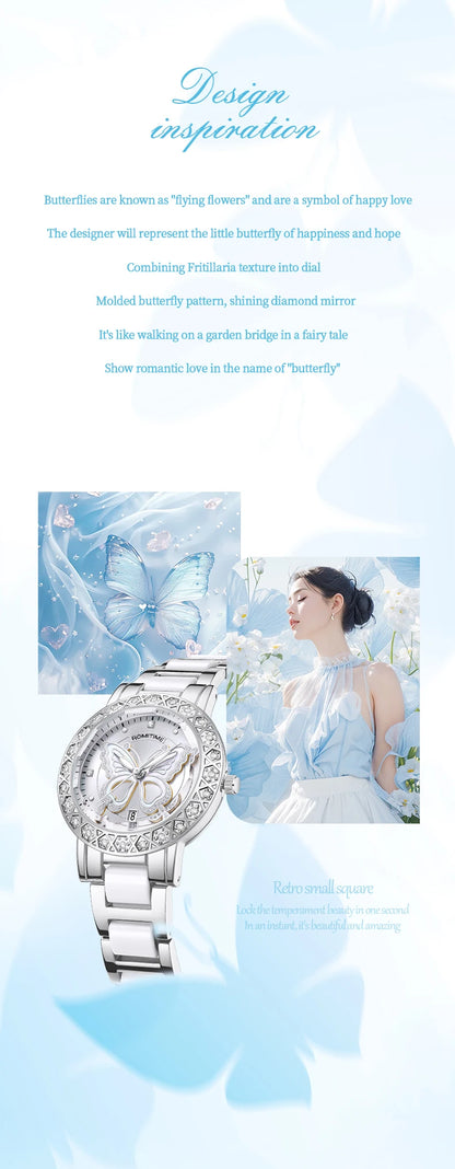 ROMITIME Women Quartz Watch Luxury Butterfly Pattern Rhinestone-Encrusted Bezel Stainless Steel Case 30M Waterproof Watches Lady