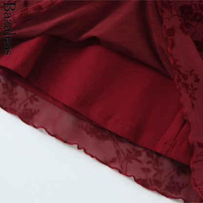 Luxury Wine Red Flocked Flower Mesh Mini Dress