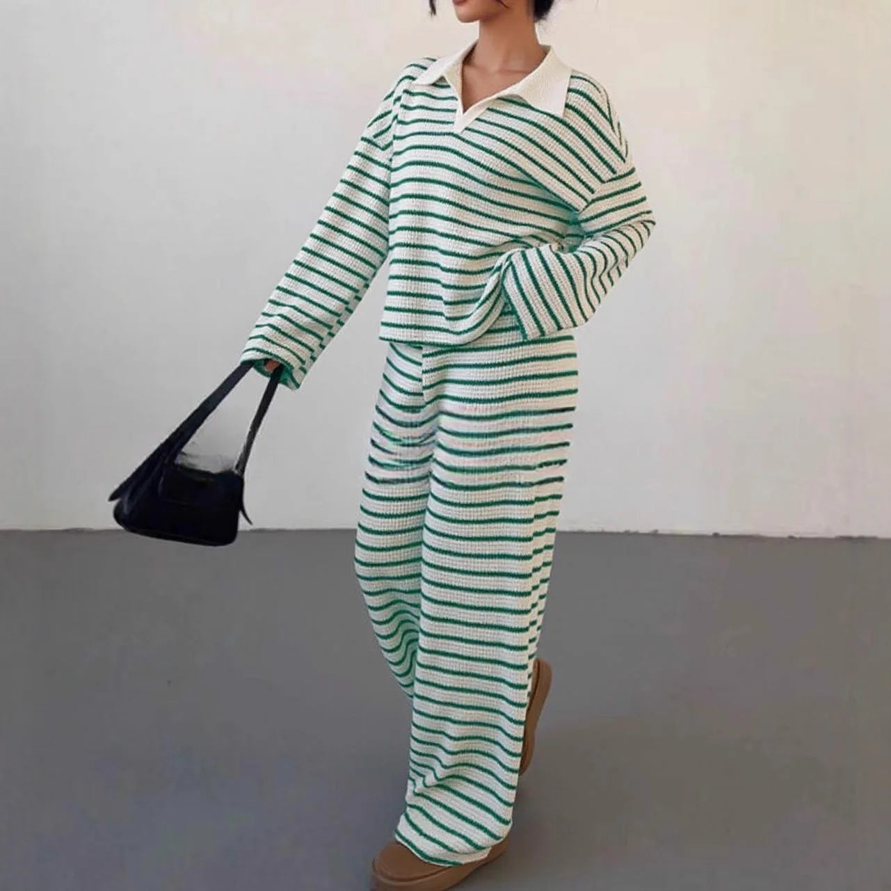 Women’s Knitted Striped Shirt & Pants Set – Casual Loose Fit
