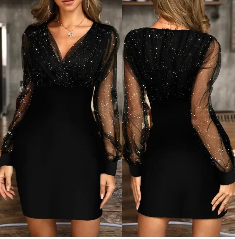 V-Neck Sequin Gauze Dress