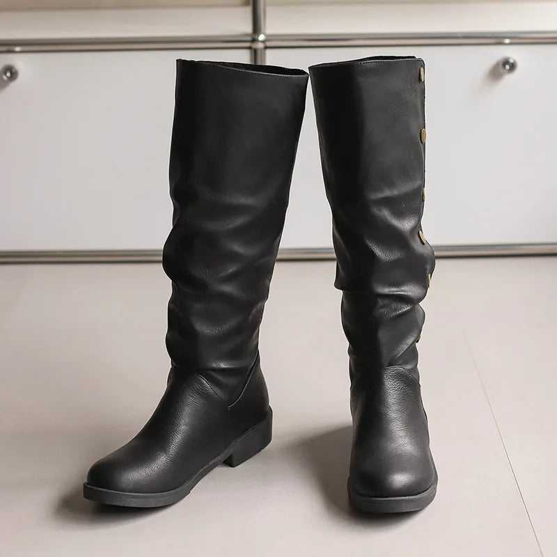 Retro Rivet Low Heel High Tube Motorcycle Boots