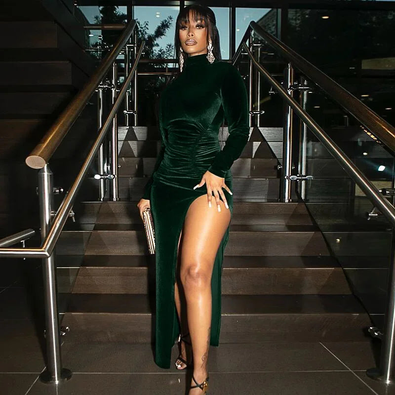 Women’s Polo/Turtleneck Long Sleeve Side-Slit Dress