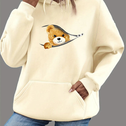 Zipper Bear Print Teddy Fleece Lined Sweatshirt
