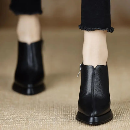 Magnificent Pointed-Toe Mary Jane Shoes – Low Thick Heel PU Leather Pumps