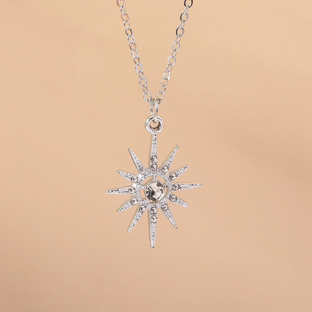 Aihua Exquisite Y2K Silver Color Crystal Sun Moon Star Necklaces for Women Korean Temperament Clavicle Chain Jewelry Gifts