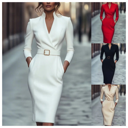 Refined Collar Belted Sheath Midi Dress – Elegant Office & Evening Wear
