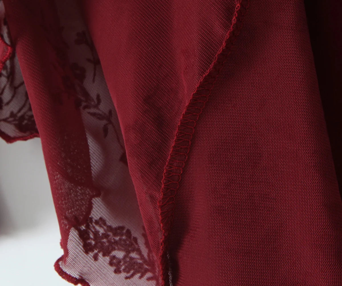 Luxury Wine Red Flocked Flower Mesh Mini Dress