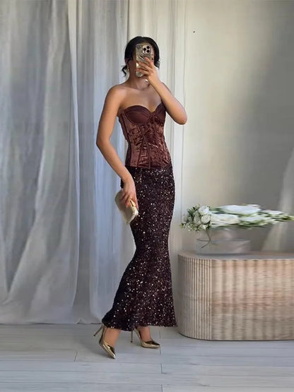 Elegant Sleeveless Backless Vest Hip Package Maxi Skirts Suit