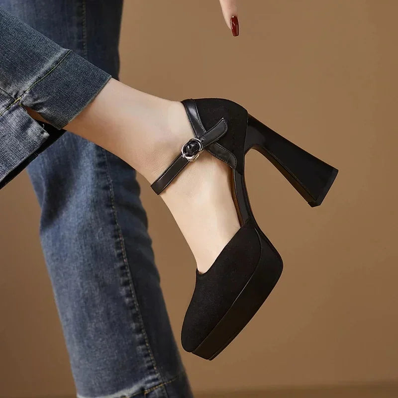 Women’s Square High-Heel Mary Jane Pumps – Retro Platform Dress Shoes