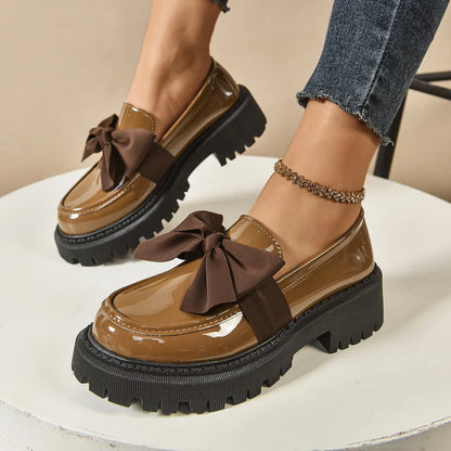 Retro British Style Leather Flats – Butterfly Bow Mid Heel