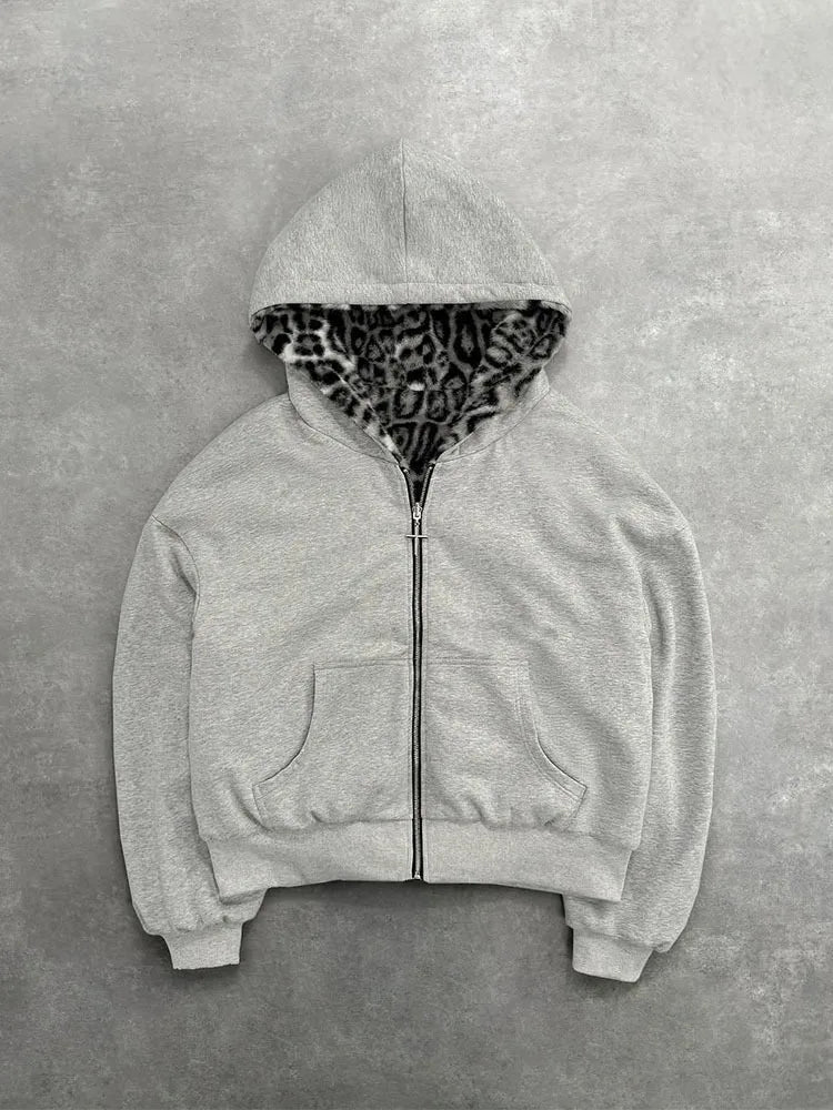 2025 European and American new autumn and winter collection hooded sweatshirt with reversible retro leopard print zipper hoodie