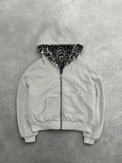 2025 European and American new autumn and winter collection hooded sweatshirt with reversible retro leopard print zipper hoodie