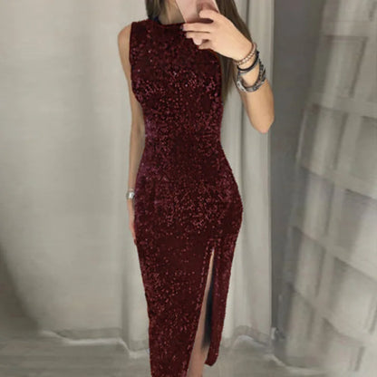 Glittering High-Waist Split Dress – Sleeveless Clubwear