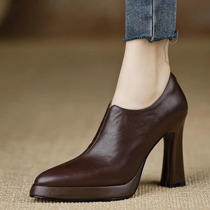 Magnificent Pointed-Toe Mary Jane Shoes – Low Thick Heel PU Leather Pumps