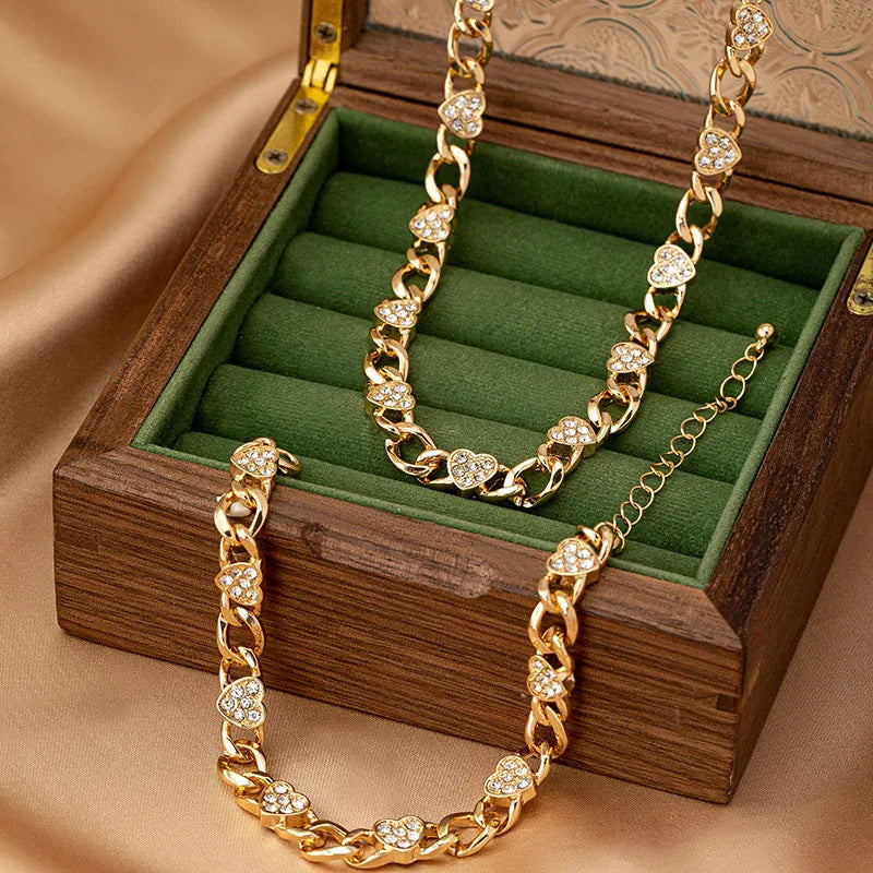 2PCS Metal Chains Link Bracelets for Women New Trendy Gold Plated Rhinestone Heart Charm Bracelet Necklace FJewelry Set