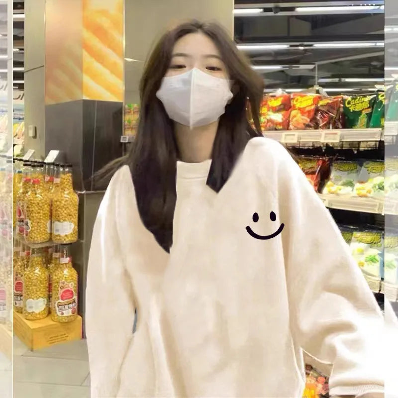 Smiley Face Print Teddy Fleece Lined Sweatshirt