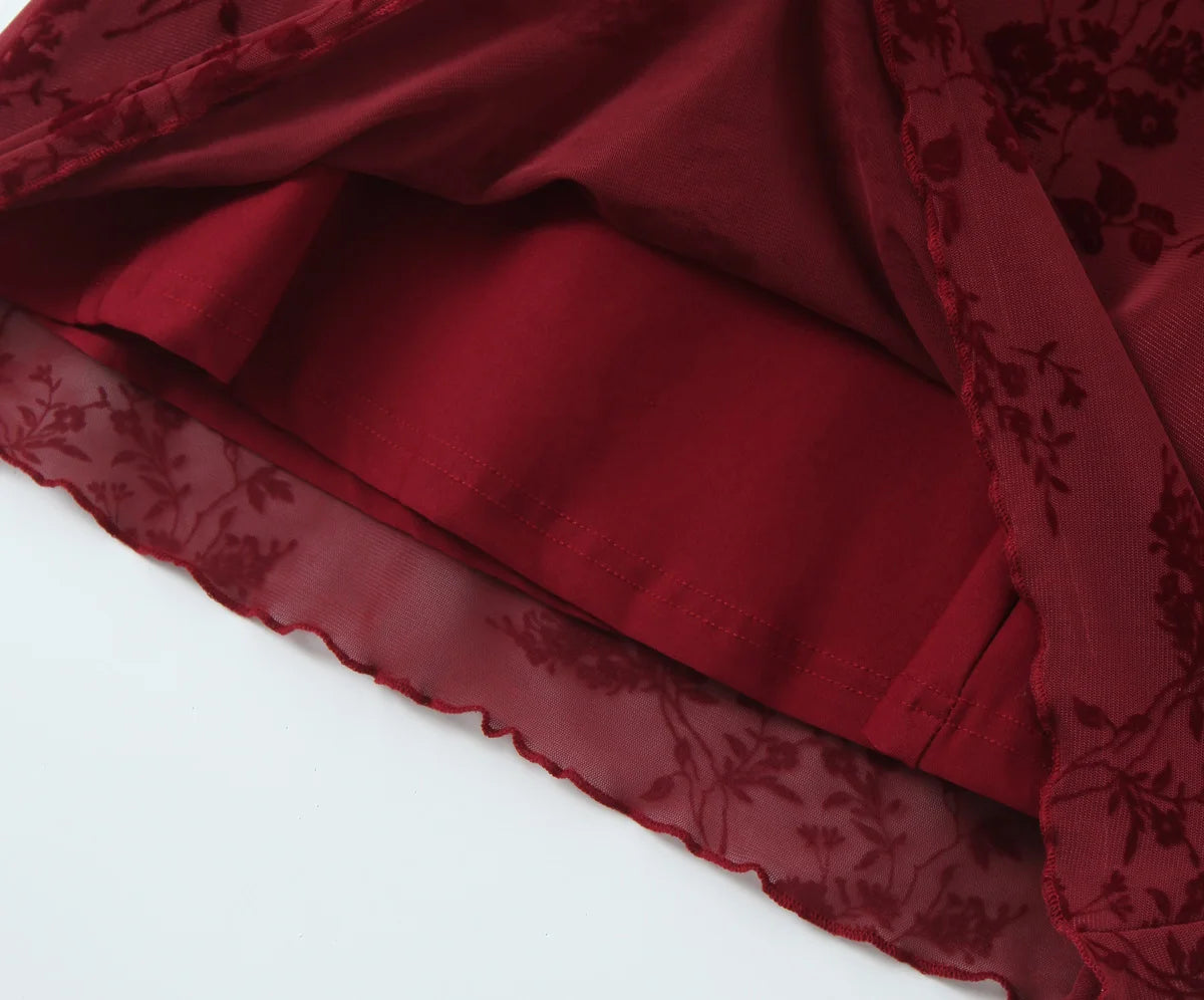 Luxury Wine Red Flocked Flower Mesh Mini Dress