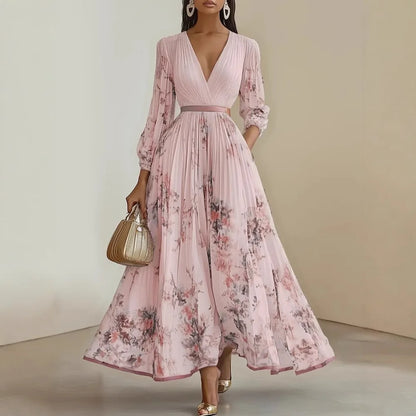 Bohemian Summer Beach Dress Sleeveless Floral Print V-Neck Flowy Maxi Dress for Women Resort Holiday Party Casual Outfit Fashion