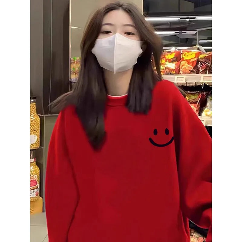 Smiley Face Print Teddy Fleece Lined Sweatshirt