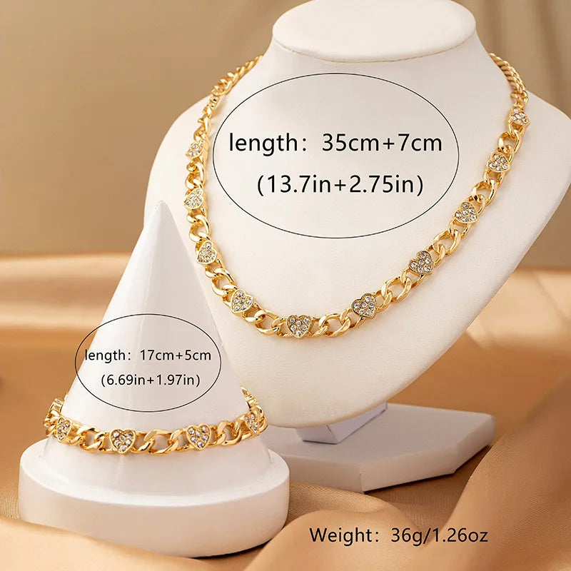 2PCS Metal Chains Link Bracelets for Women New Trendy Gold Plated Rhinestone Heart Charm Bracelet Necklace FJewelry Set