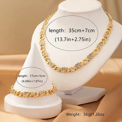 2PCS Metal Chains Link Bracelets for Women New Trendy Gold Plated Rhinestone Heart Charm Bracelet Necklace FJewelry Set