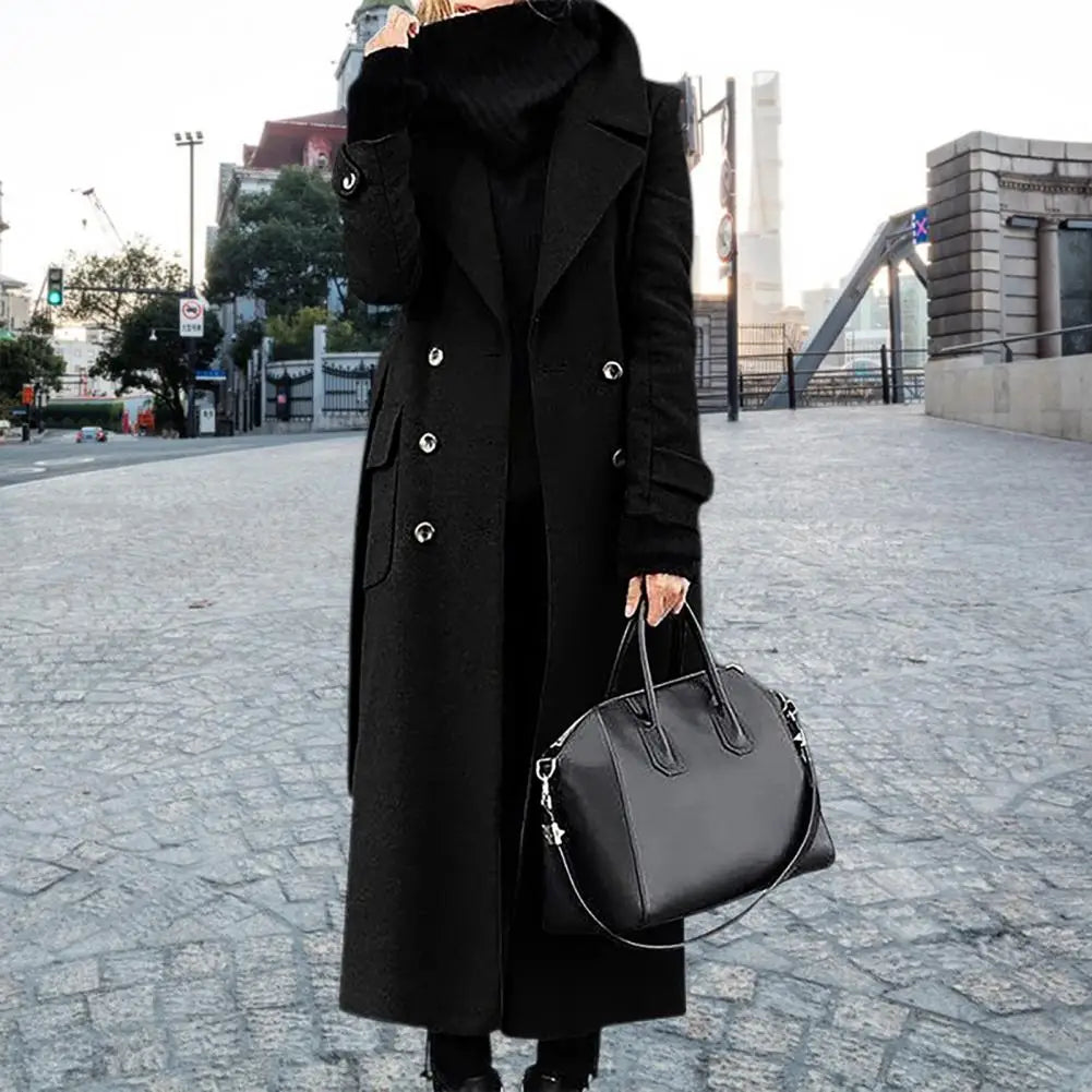 Women Woollen Overcoat Double-breasted Cardigan Mid-calf Length Long Sleeves Jacket Slim OL Formal Coat