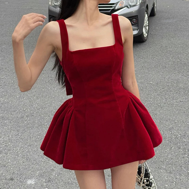 Red Sleeveless Backless Bow Dress