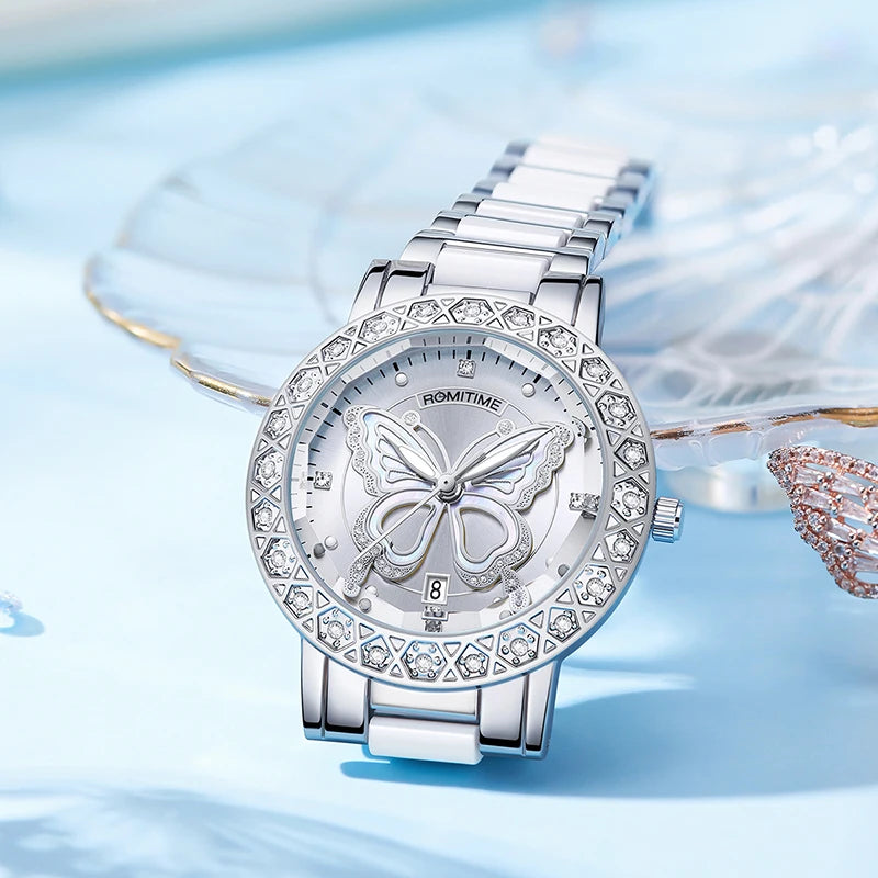 ROMITIME Women Quartz Watch Luxury Butterfly Pattern Rhinestone-Encrusted Bezel Stainless Steel Case 30M Waterproof Watches Lady
