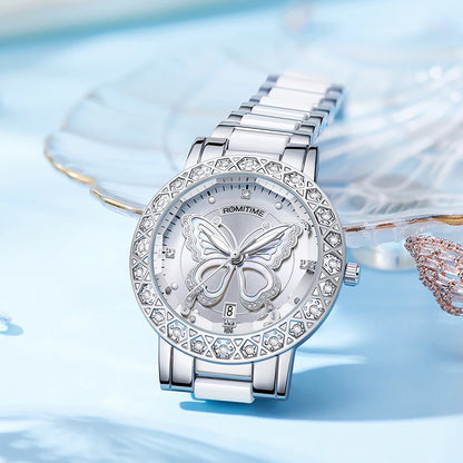 ROMITIME Women Quartz Watch Luxury Butterfly Pattern Rhinestone-Encrusted Bezel Stainless Steel Case 30M Waterproof Watches Lady