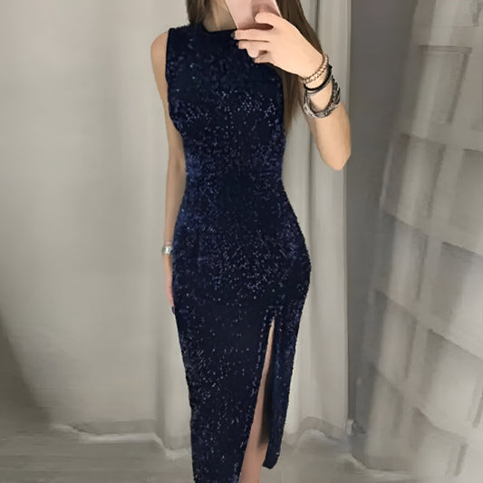Glittering High-Waist Split Dress – Sleeveless Clubwear