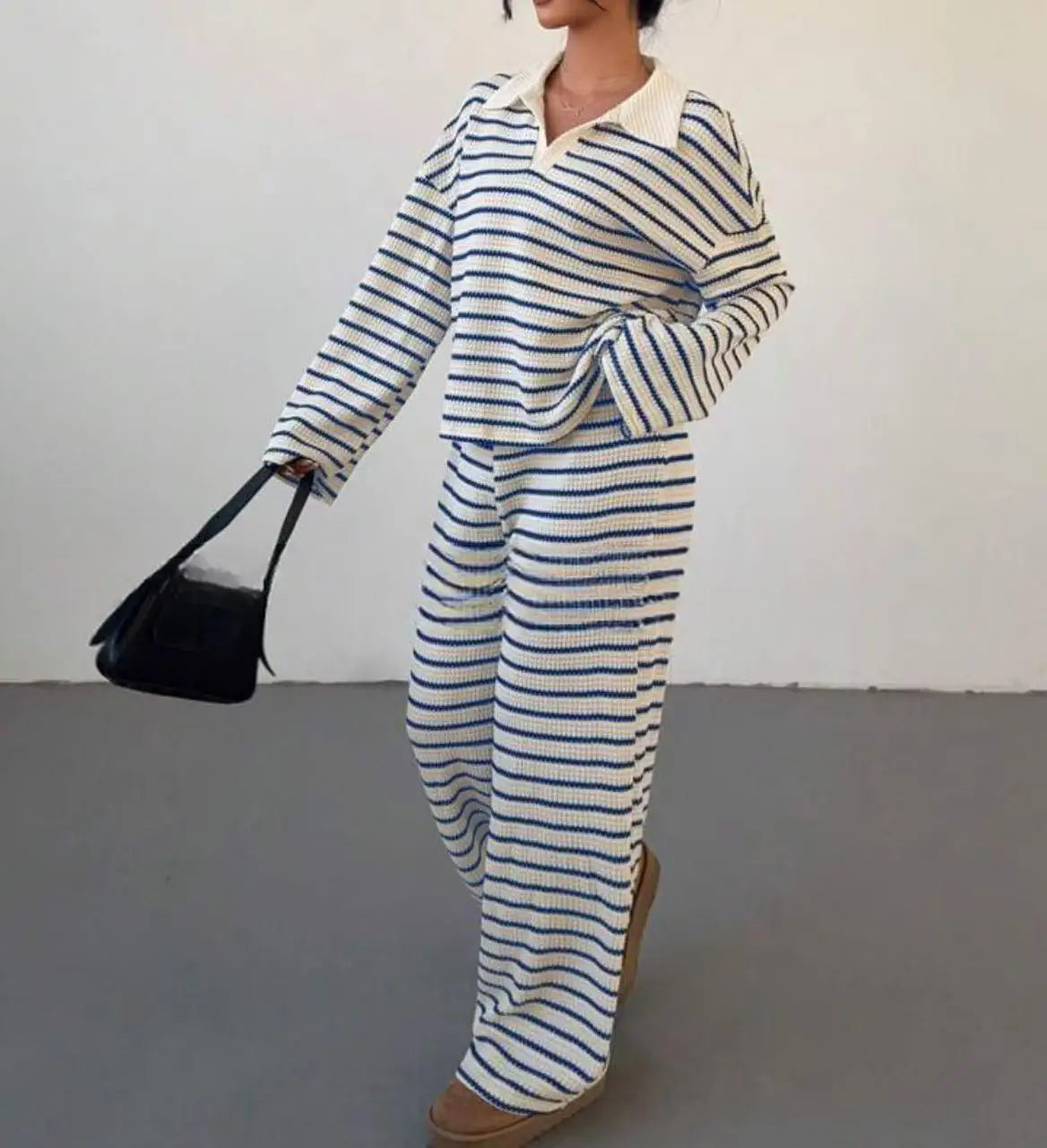 Women’s Knitted Striped Shirt & Pants Set – Casual Loose Fit