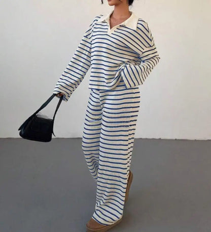 Women’s Knitted Striped Shirt & Pants Set – Casual Loose Fit